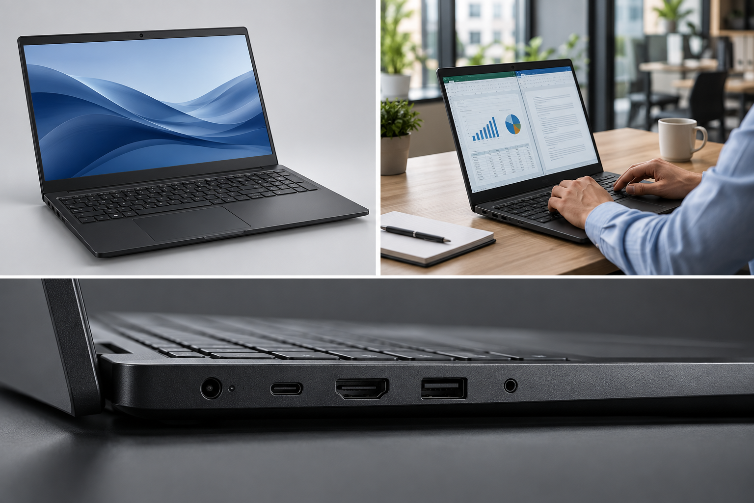 Dell Pro 15 Essential PV15250 černý notebook pohled z boku na konektory